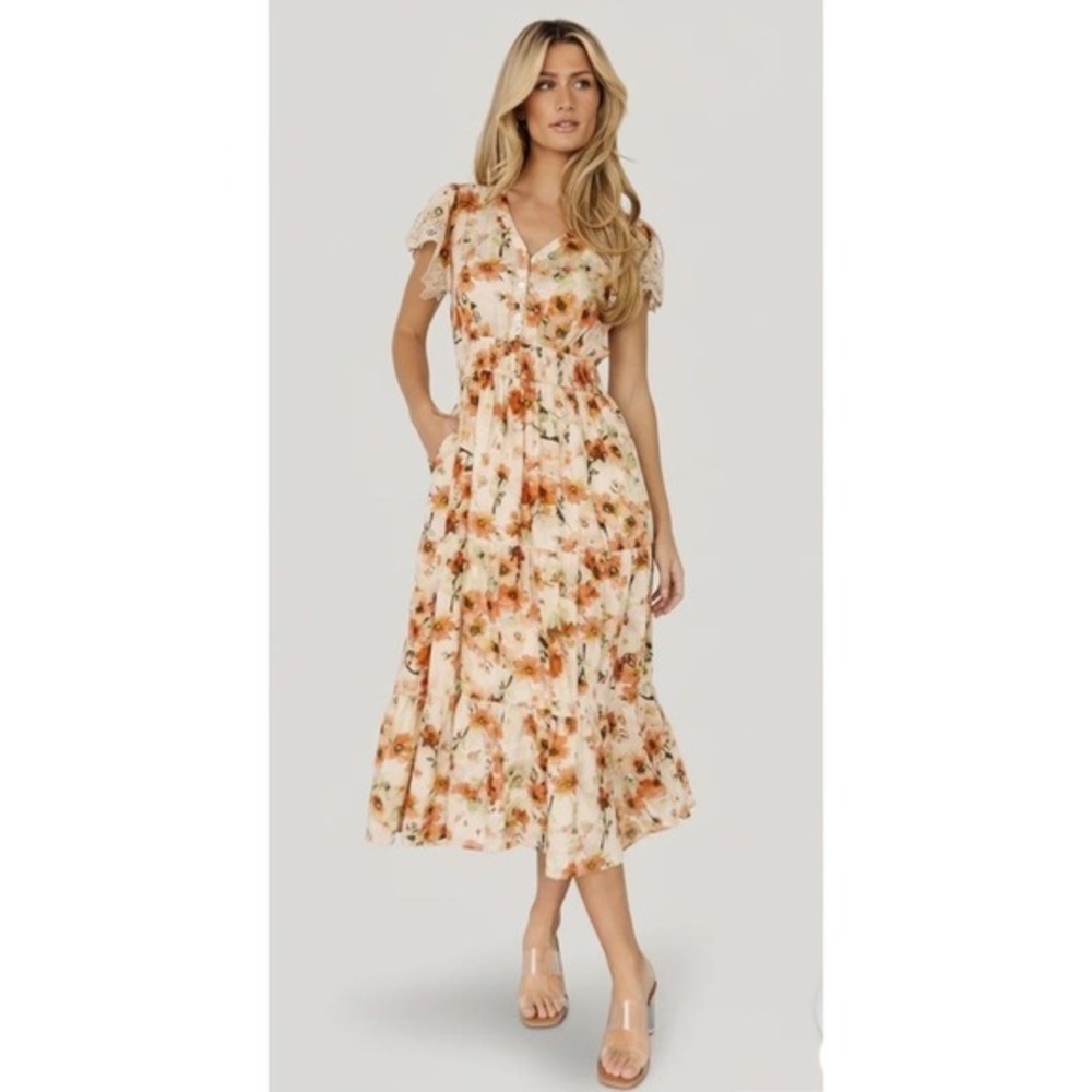 Baltic Born Women's Boho Tiered Aliyah Midi Dress Coral‎ Floral Size XL